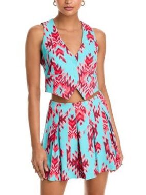 L'AGENCE Aqua and Red Ikat V-Neck Cropped Tank